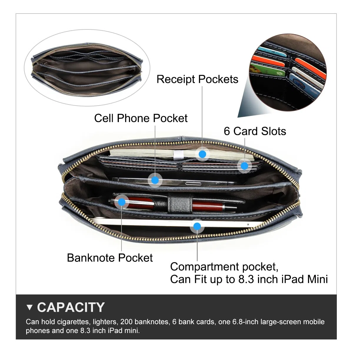 Contacts Pochette da uomo in vera pelle per carte d'identità, grande capacità, con blocco antifurto, da viaggio, passaporto, telefono, borsa a mano con cinturino da polso
