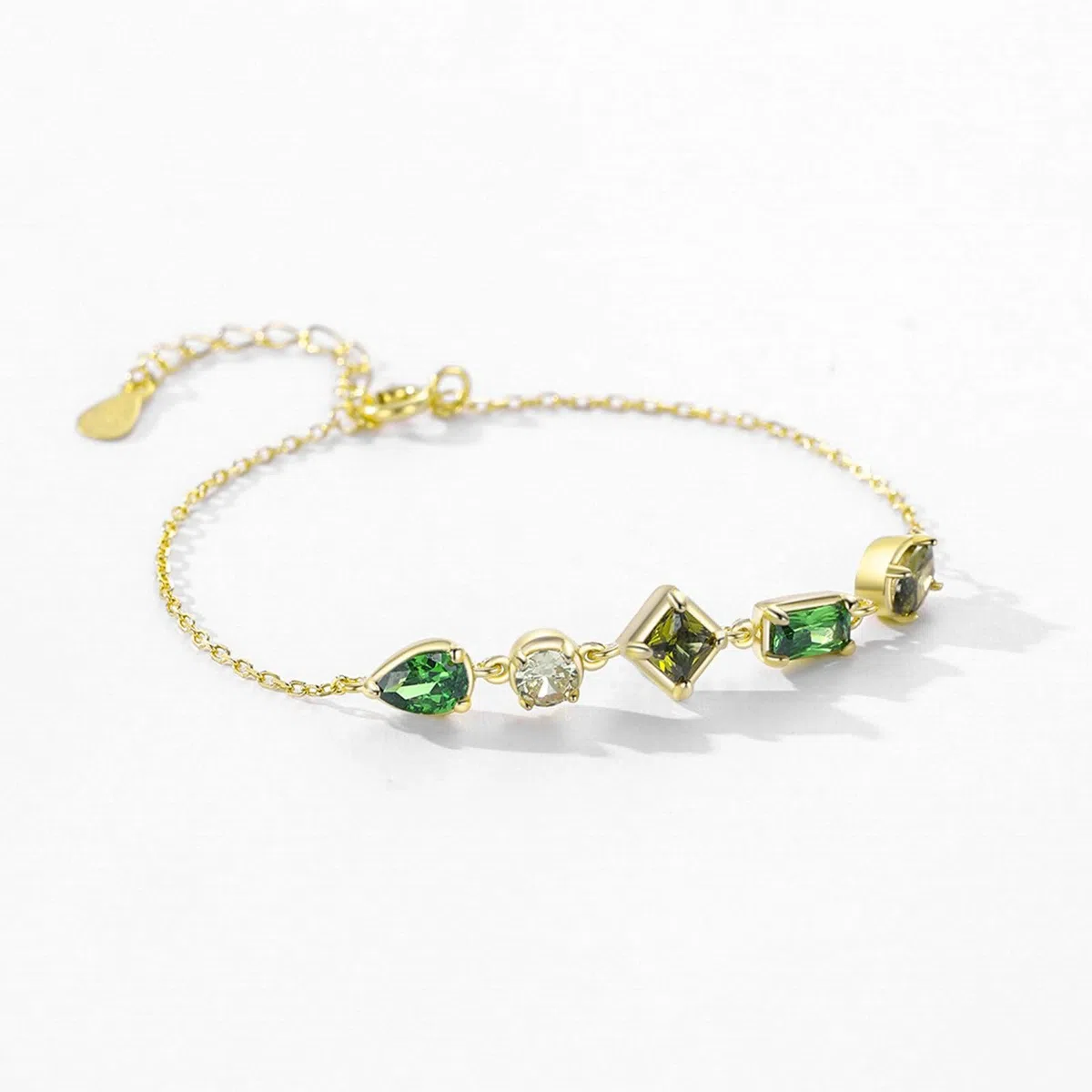 Bracciali Catena in Oro 9Kt / 14Kt / 18Kt per Donna, Rettangolo con Peridoto e Smeraldo Creato, Regolabile 16 CM + 5 CM, Bracciale da Donna Verde Oro