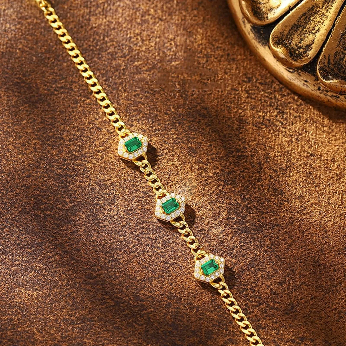 Bracciali Catena Oro 9Kt / 14Kt / 18Kt per Donna, Rettangolo con Smeraldo Creato da 0,9 ct e Moissanite, Regolabile 16 CM + 5 CM, Bracciale Catena Verde Oro Donna