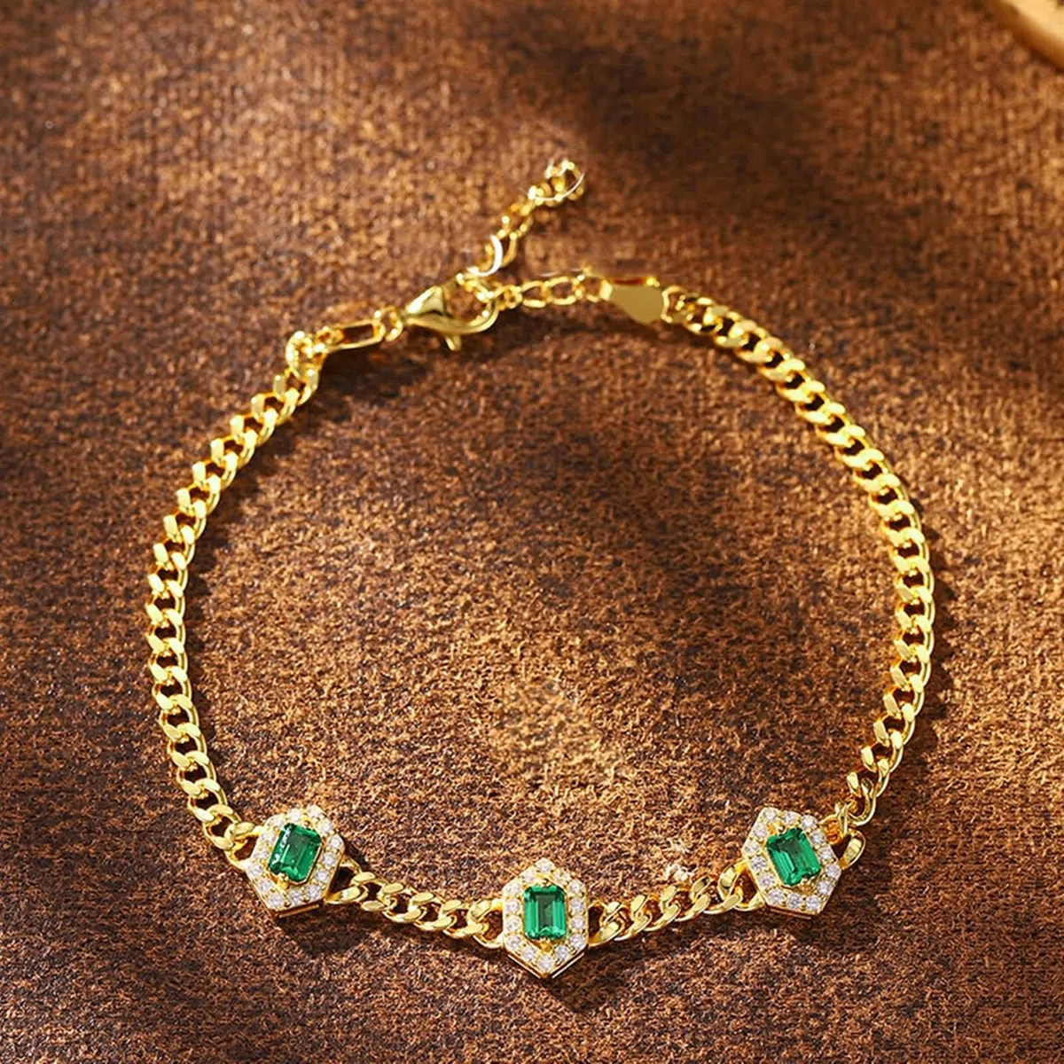 Bracciali Catena Oro 9Kt / 14Kt / 18Kt per Donna, Rettangolo con Smeraldo Creato da 0,9 ct e Moissanite, Regolabile 16 CM + 5 CM, Bracciale Catena Verde Oro Donna