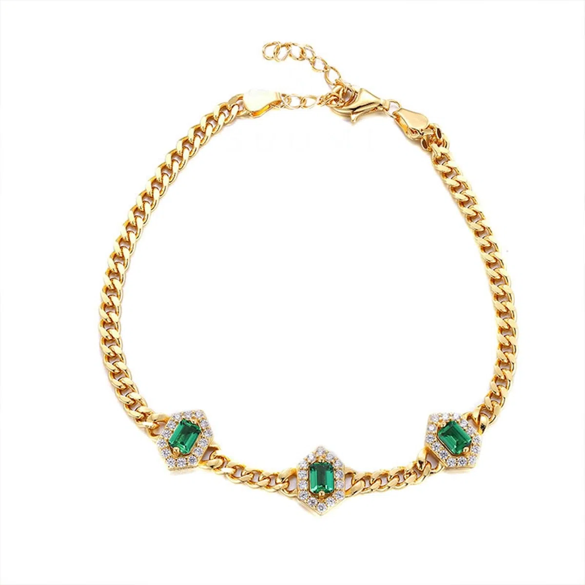 Bracciali Catena Oro 9Kt / 14Kt / 18Kt per Donna, Rettangolo con Smeraldo Creato da 0,9 ct e Moissanite, Regolabile 16 CM + 5 CM, Bracciale Catena Verde Oro Donna