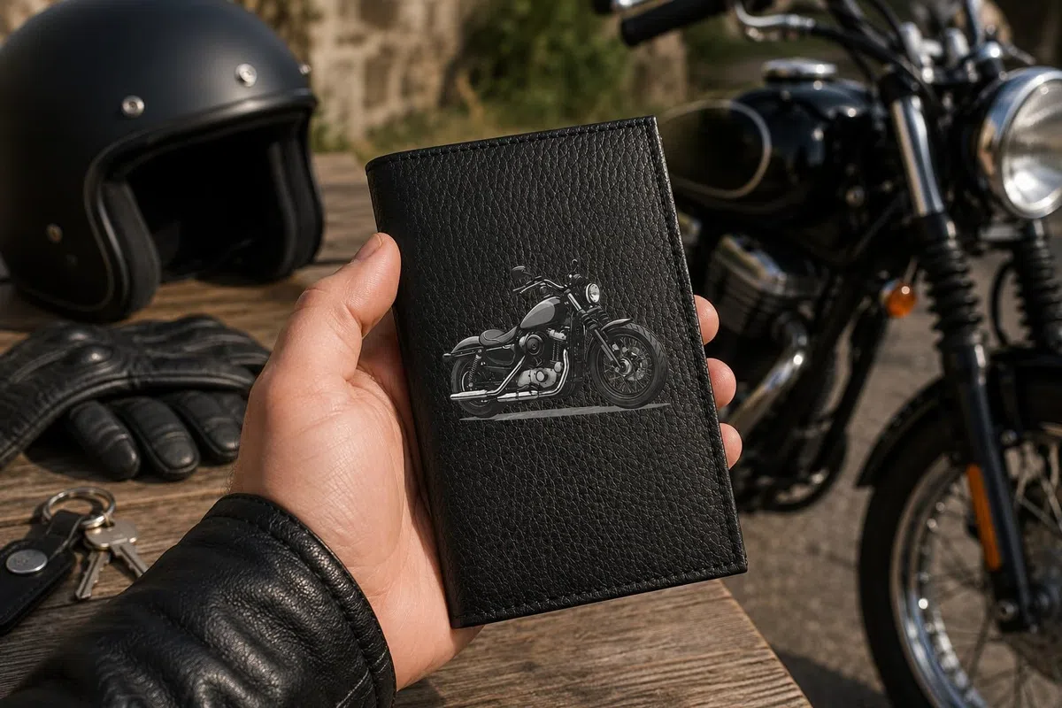 Syl'la – Portadocumenti per auto in pelle nera – Custodia per carte grigie, permesso per uomo – Personalizzato Moto – Prenom in Opzione, Nero - Harley Grigio, 0, Casual