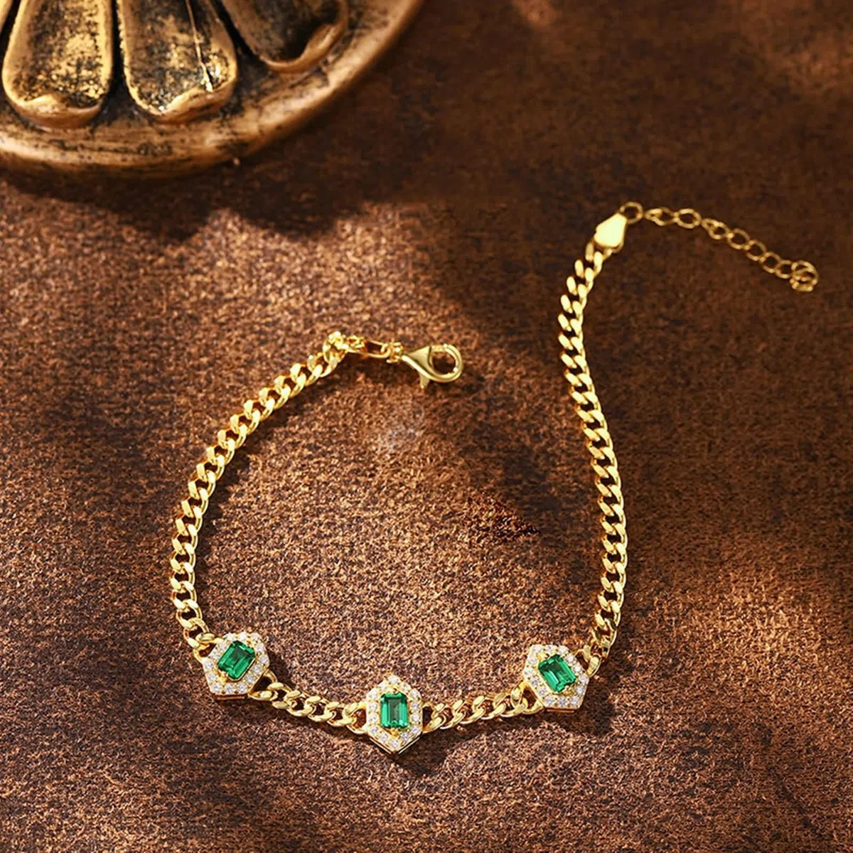 Bracciali Catena Oro 9Kt / 14Kt / 18Kt per Donna, Rettangolo con Smeraldo Creato da 0,9 ct e Moissanite, Regolabile 16 CM + 5 CM, Bracciale Catena Verde Oro Donna