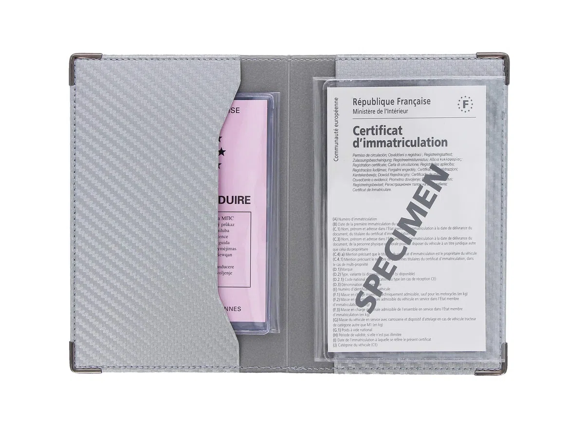 Color Pop - Portadocumenti per Auto, Finitura in Carbonio, Colore Grigio Argentato, con Custodia Trasparente per Libretto di circolazione