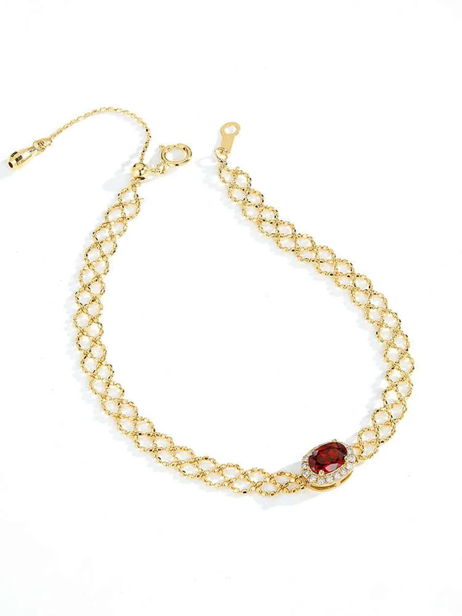 Bracciale Oro 9K / 14K / 18K Donna, Incavo e Ovale con Granato da 0,6 ct e Diamante da 0,1 ct, Regolabile 16 CM + 5 CM, Bracciale Oro Donna