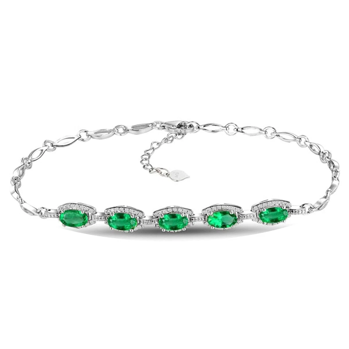 Bracciale Donna Oro Bianco 750/585/375, Bracciale con Smeraldo Sintetico 2.18ct 16-18 cm Estensione 4 cm con Moissanite, Braccialetto da Sposa Matrimonio