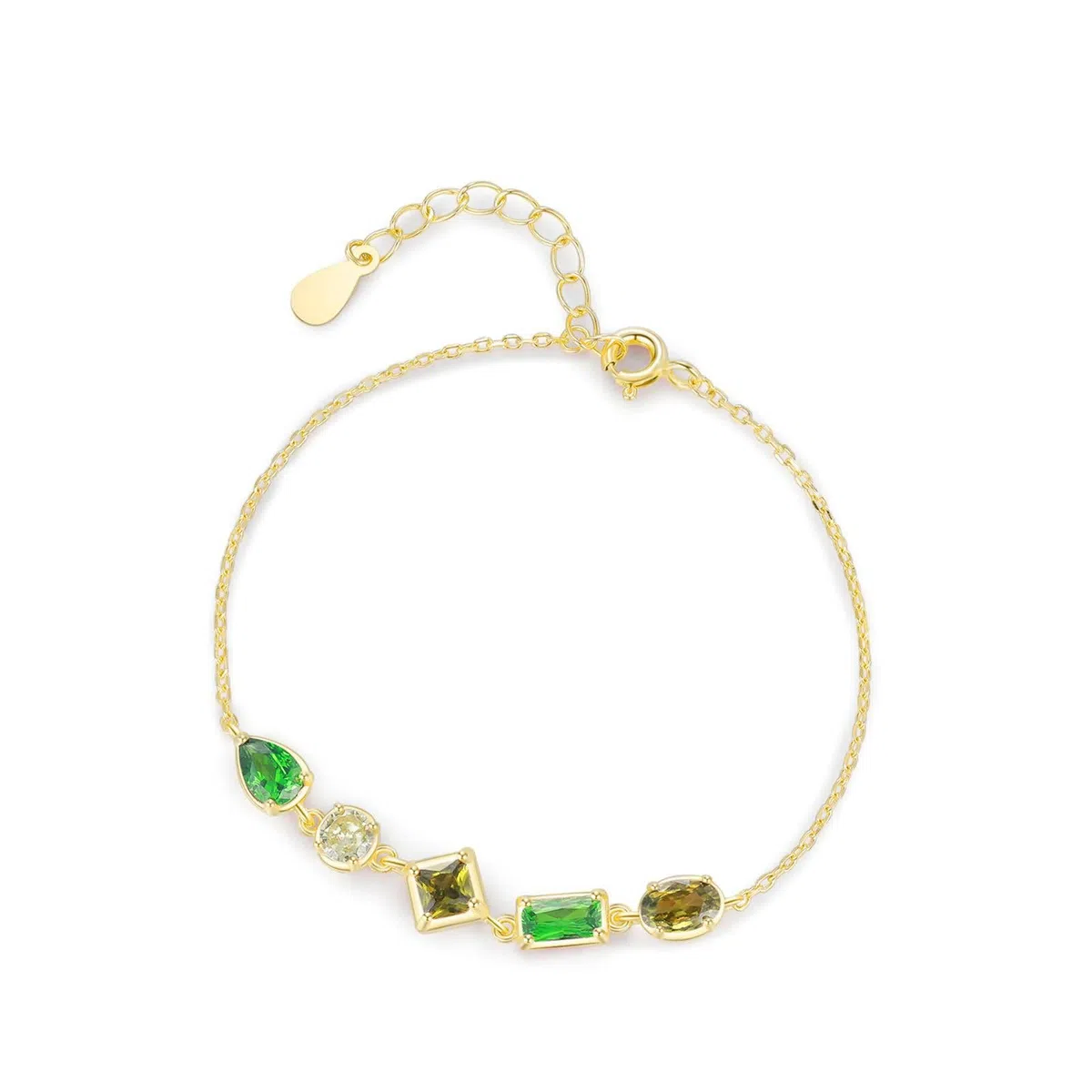 Bracciali Catena in Oro 9Kt / 14Kt / 18Kt per Donna, Rettangolo con Peridoto e Smeraldo Creato, Regolabile 16 CM + 5 CM, Bracciale da Donna Verde Oro