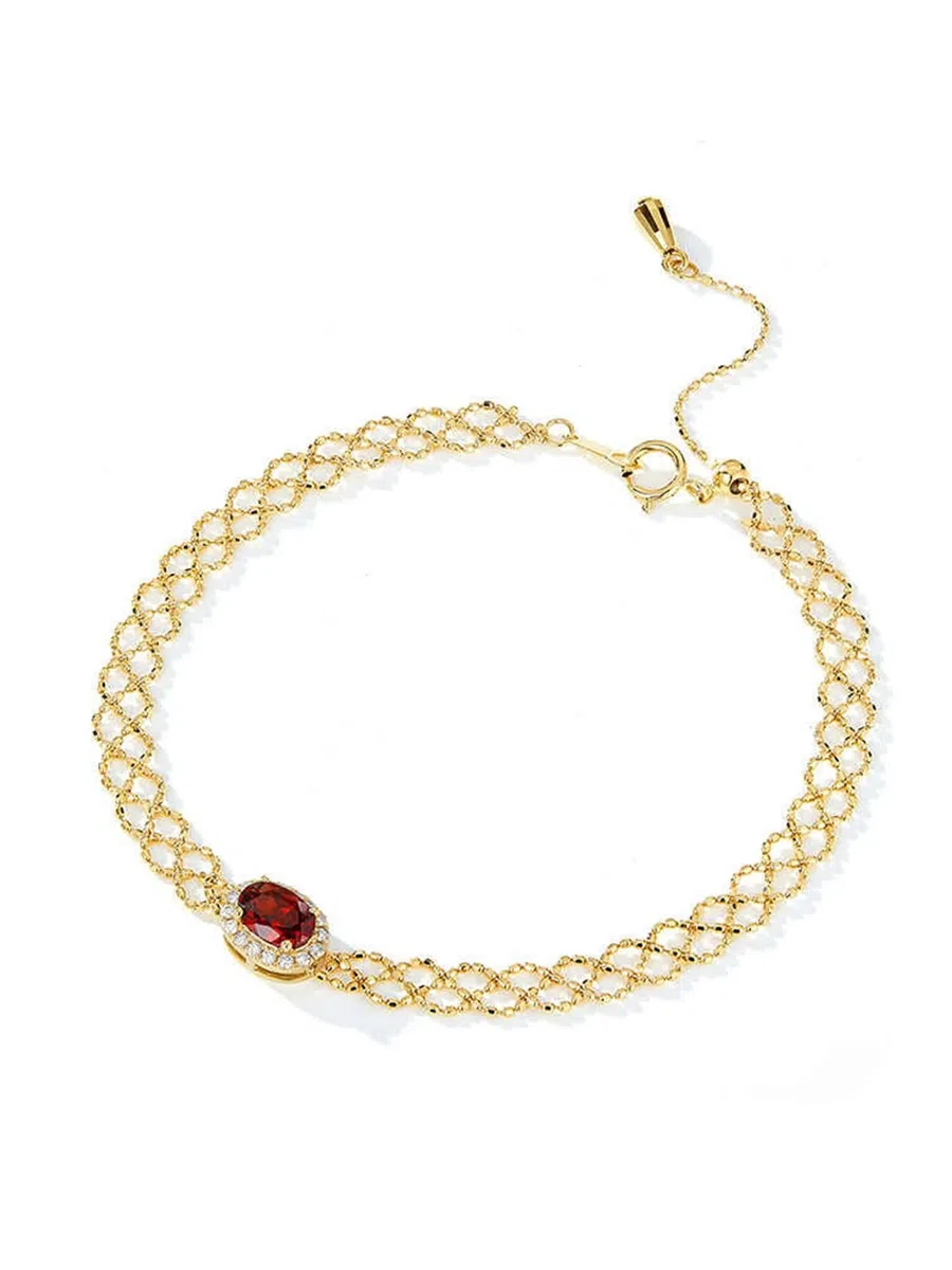 Bracciale Oro 9K / 14K / 18K Donna, Incavo e Ovale con Granato da 0,6 ct e Diamante da 0,1 ct, Regolabile 16 CM + 5 CM, Bracciale Oro Donna