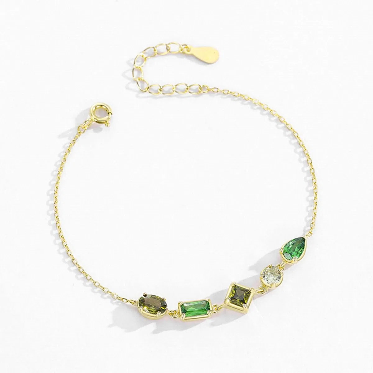 Bracciali Catena in Oro 9Kt / 14Kt / 18Kt per Donna, Rettangolo con Peridoto e Smeraldo Creato, Regolabile 16 CM + 5 CM, Bracciale da Donna Verde Oro