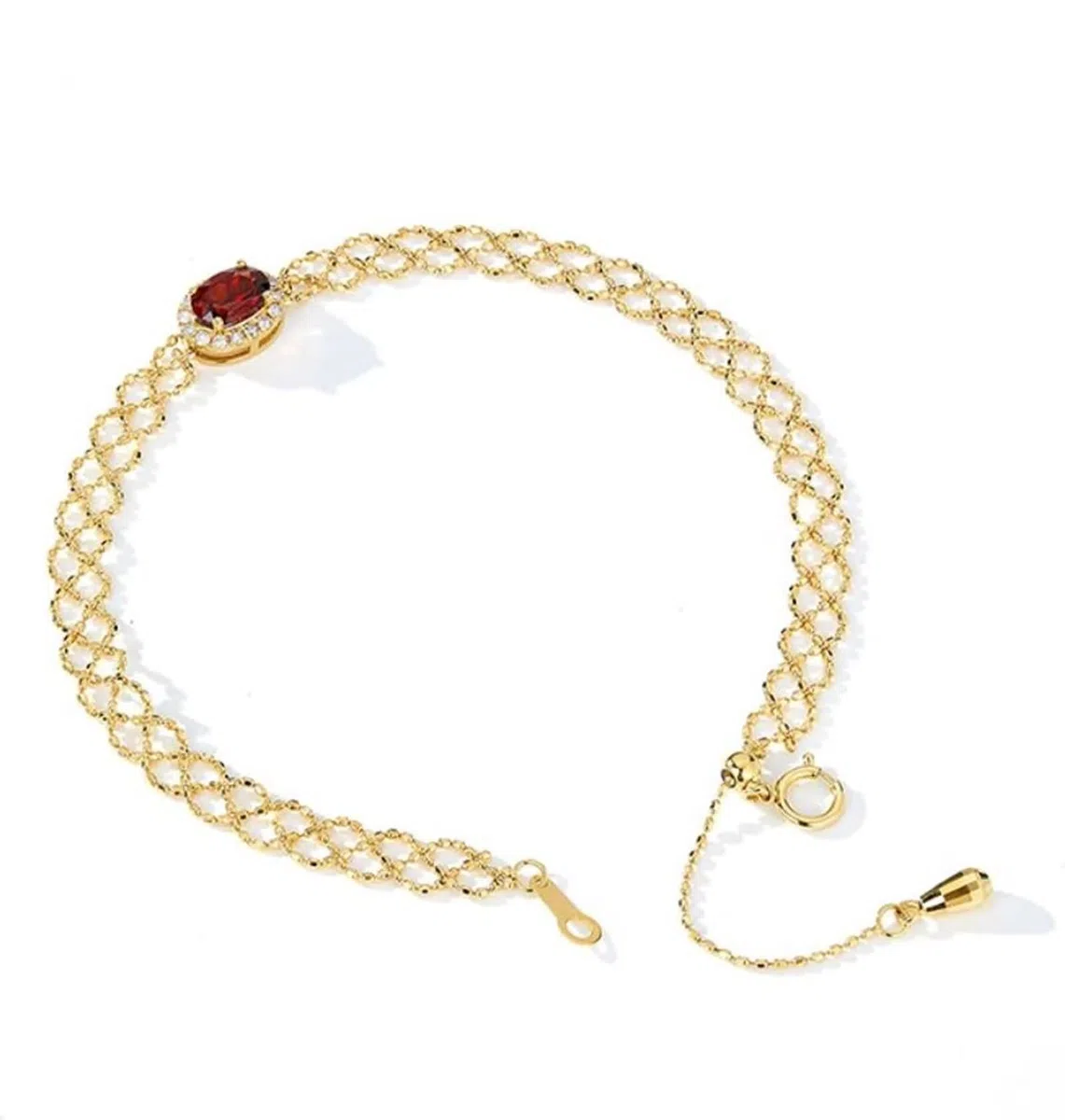 Bracciale Oro 9K / 14K / 18K Donna, Incavo e Ovale con Granato da 0,6 ct e Diamante da 0,1 ct, Regolabile 16 CM + 5 CM, Bracciale Oro Donna