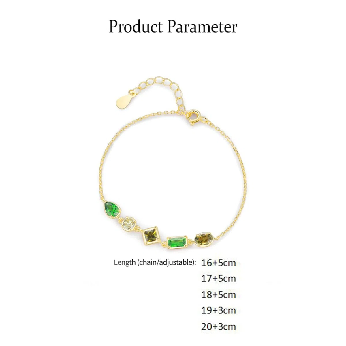 Bracciali Catena in Oro 9Kt / 14Kt / 18Kt per Donna, Rettangolo con Peridoto e Smeraldo Creato, Regolabile 16 CM + 5 CM, Bracciale da Donna Verde Oro