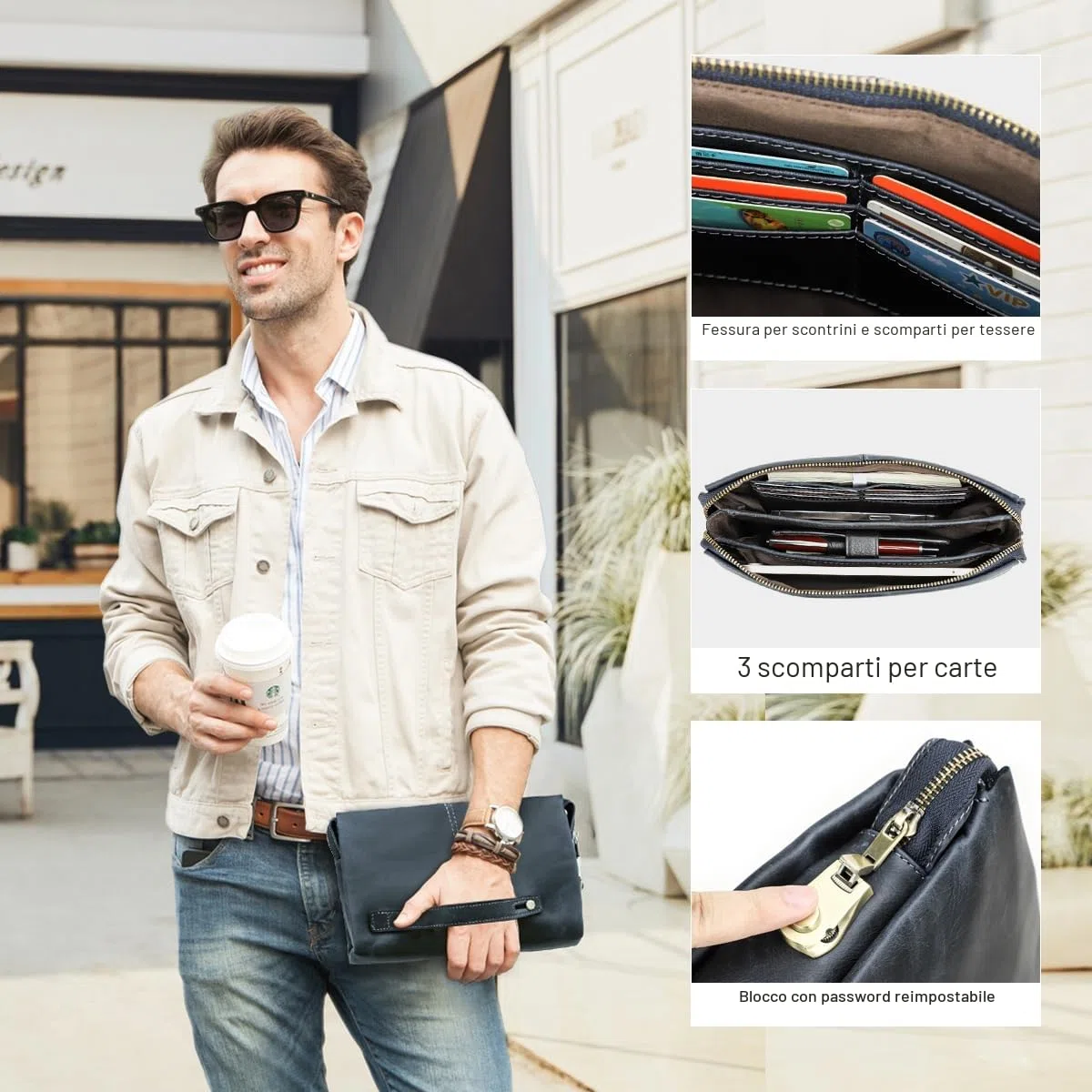 Contacts Pochette da uomo in vera pelle per carte d'identità, grande capacità, con blocco antifurto, da viaggio, passaporto, telefono, borsa a mano con cinturino da polso